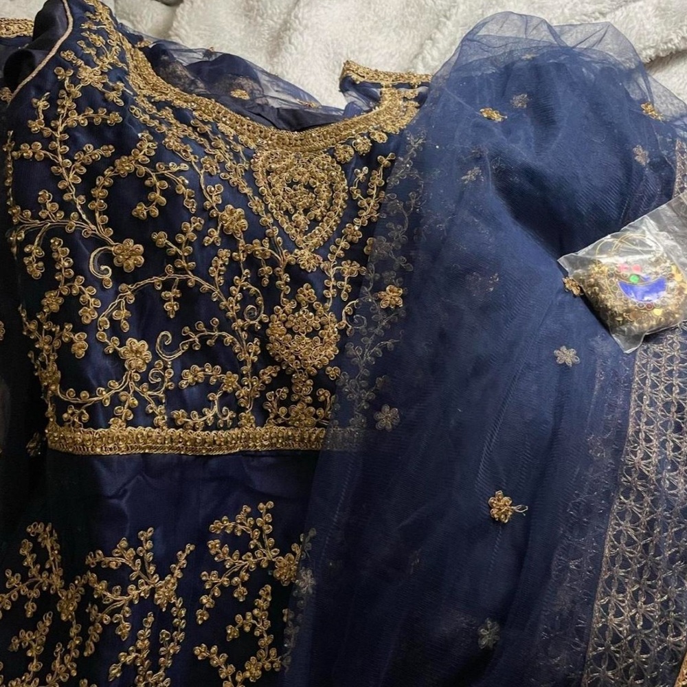 Navy blue and gold afghan dress with matching scarf